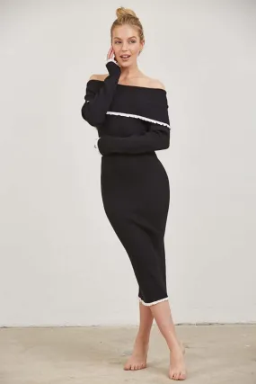 "Black Heart" Black Off The Shoulder Midi Dress w/ White Ruffle Detail