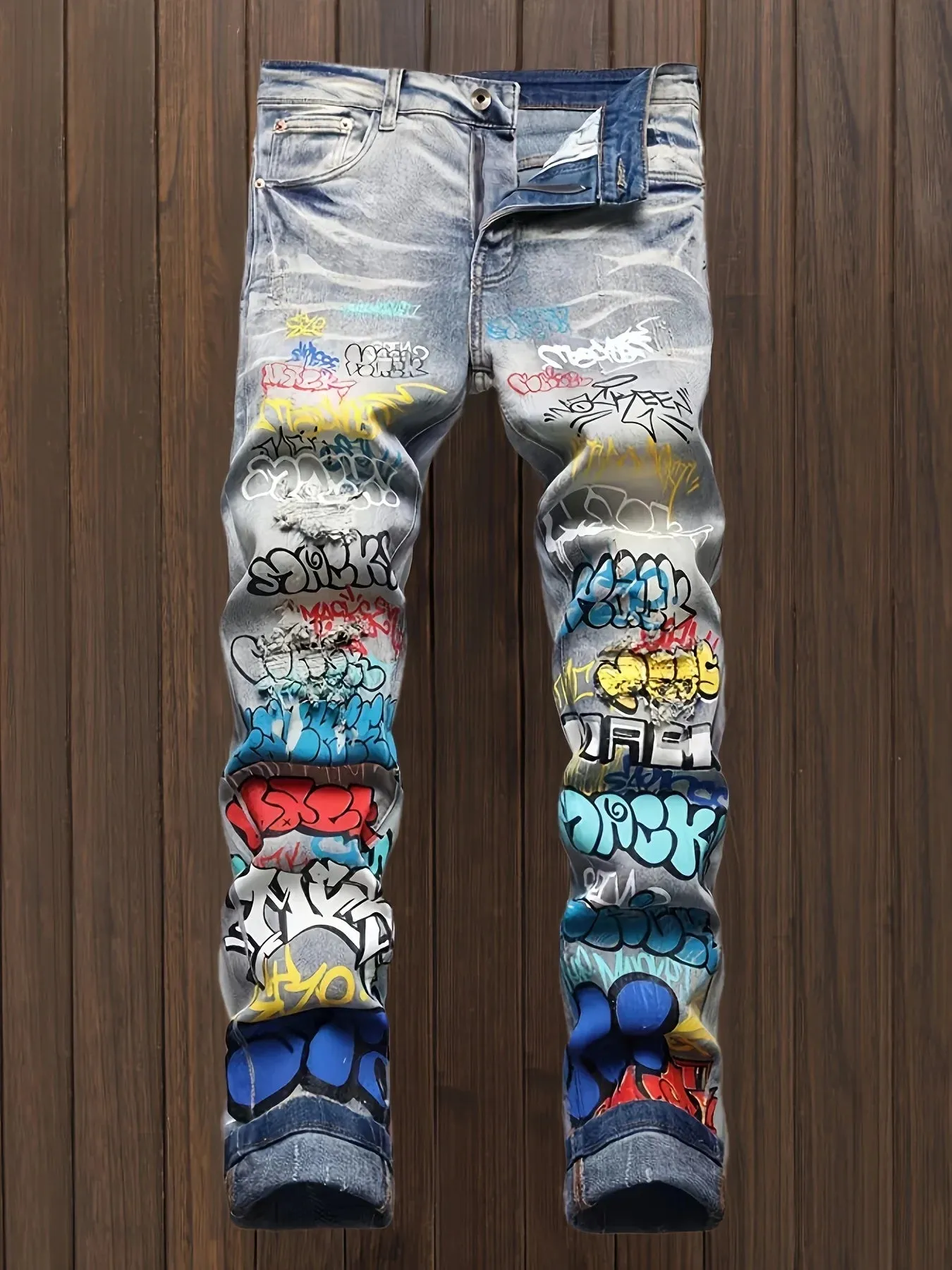 "Rock Steady" Graffiti Pattern Print Men's Slim Fit Denim Pants