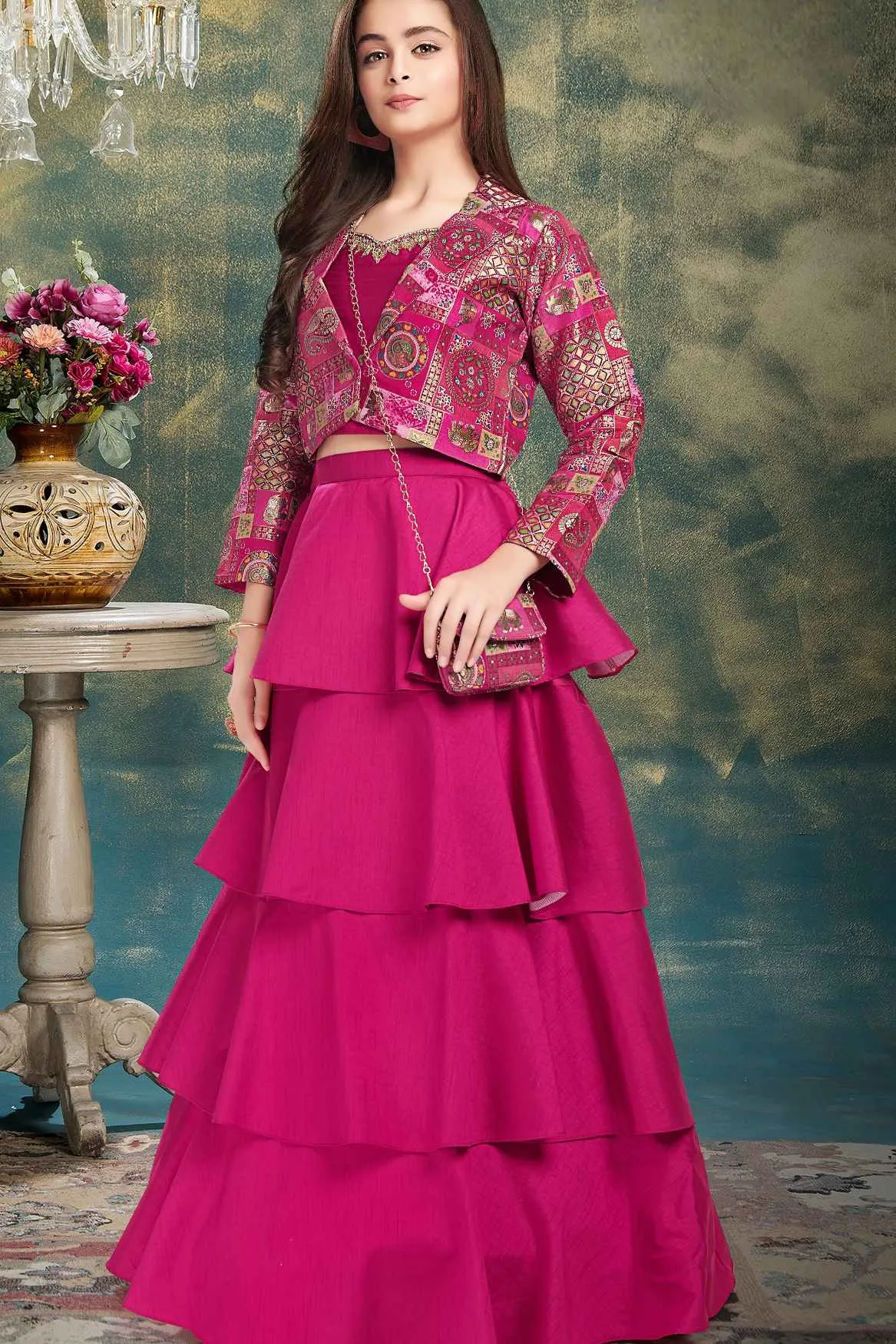 Rani Pink Brocade And Stone Work Lehenga Choli With Sling Bag For Girls