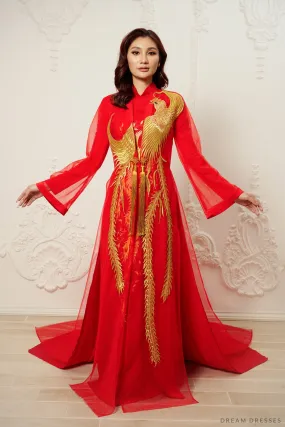 Red and Gold Ao Dai OverCoat | Traditional Vietnamese Bridal OverCoat  (#MYPHUONG)
