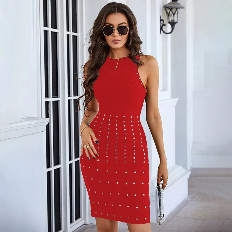 Red Black Studded Mini Bodycon Dress