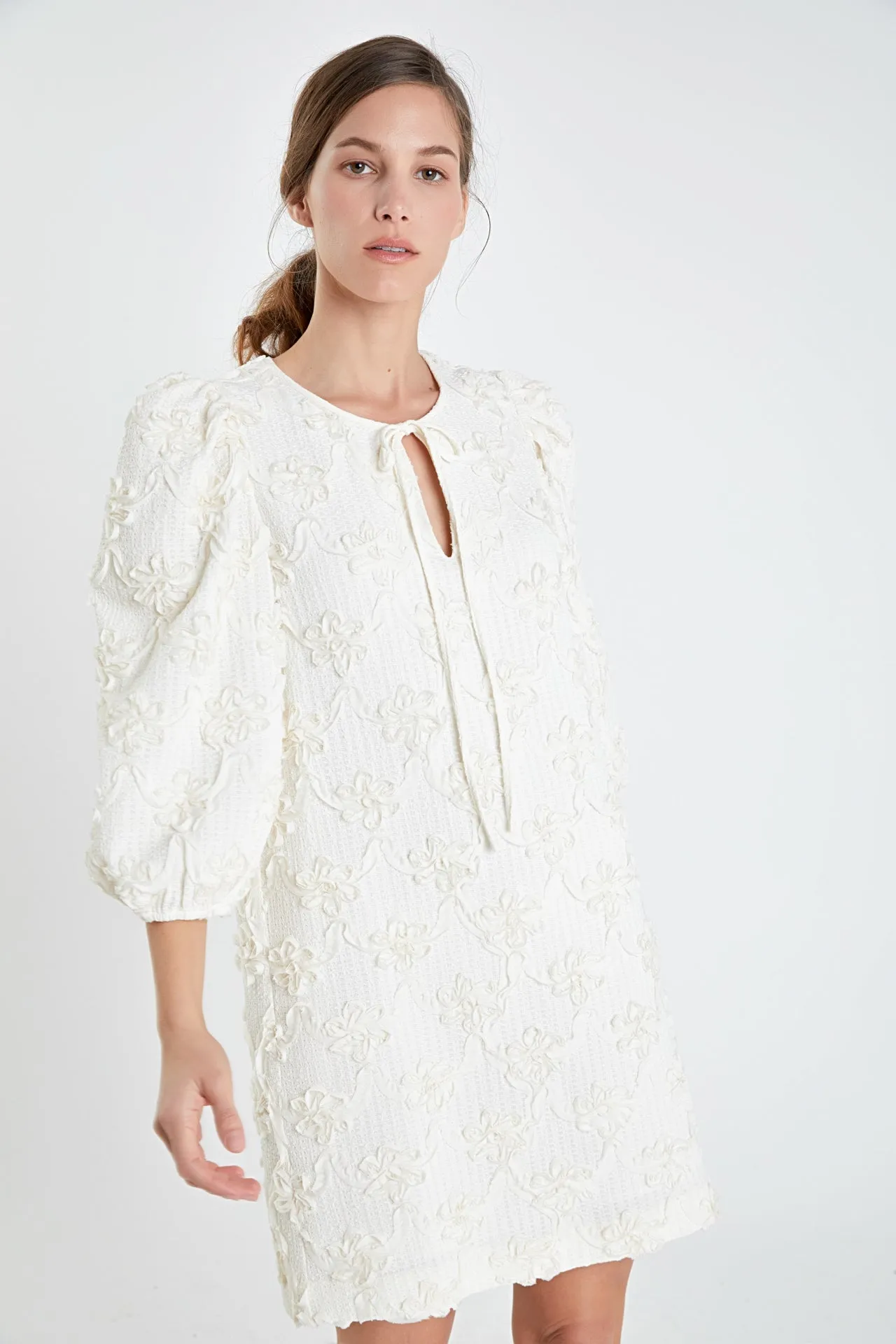 Ribbon Embroidered Shift Mini Dress