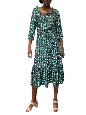 Ruffled Printed Dress with elastic waist and self belt in green and black seeds print