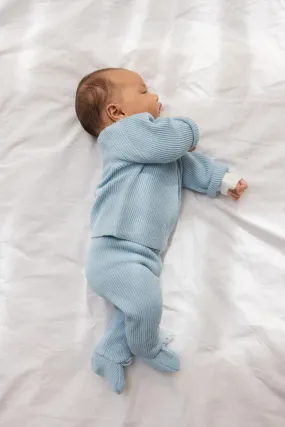 set knit wrap button top l/s and pants with booties and hat and blanket - clear sky
