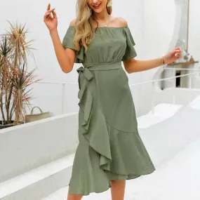 Sexy Off Shoulder Summer High Waist Ruffled Split Short Sleeve Long Dress