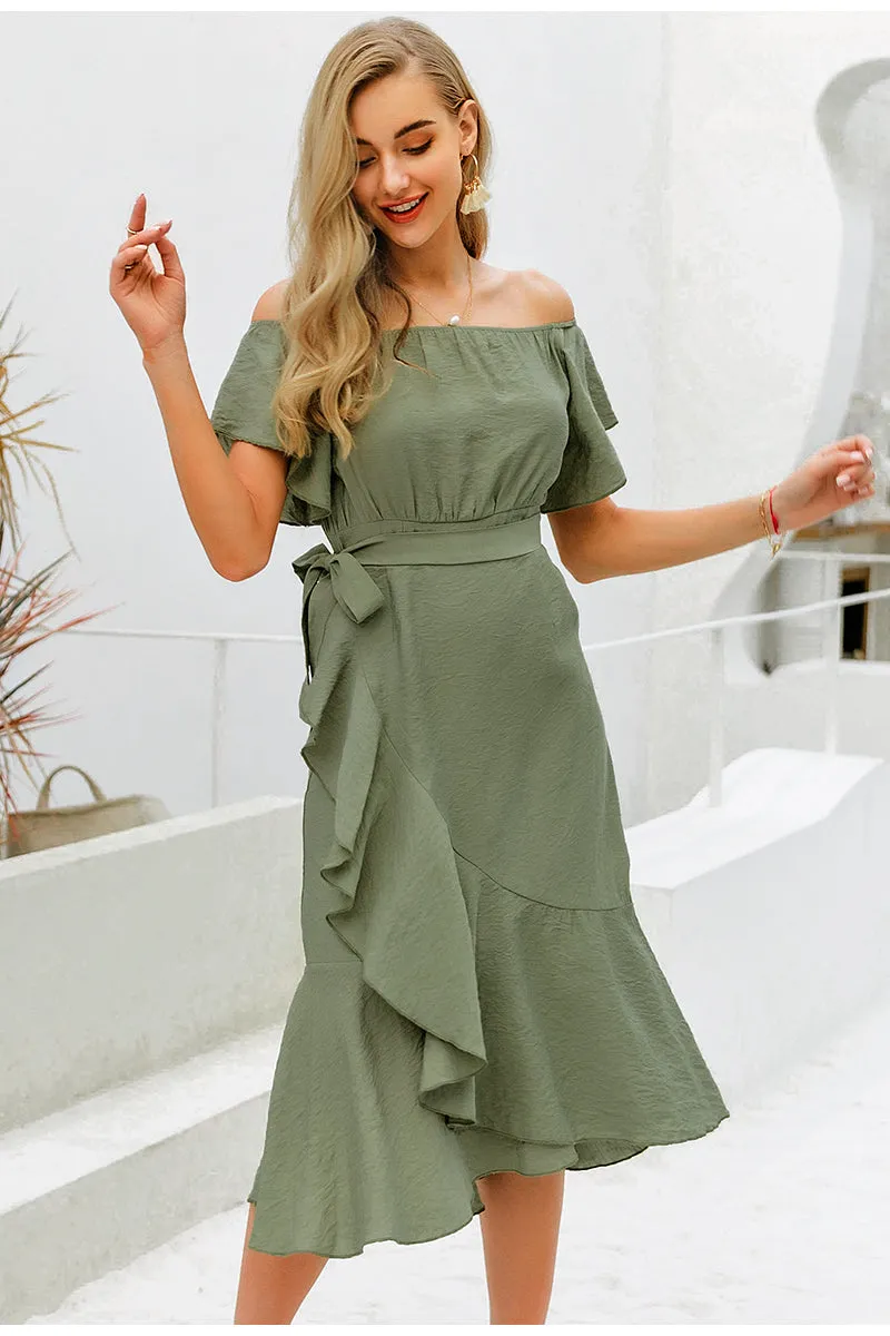 Sexy Off Shoulder Summer High Waist Ruffled Split Short Sleeve Long Dress