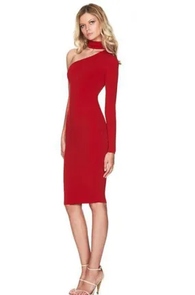 Sheath Red Bodycon Long Sleeve Dress One Shoulder