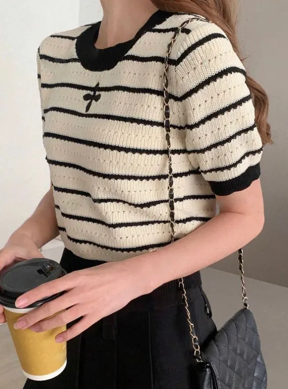 Short Sleeve Striped Colorblock Knitted Sweater