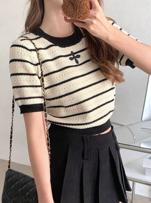 Short Sleeve Striped Colorblock Knitted Sweater