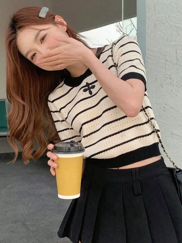 Short Sleeve Striped Colorblock Knitted Sweater