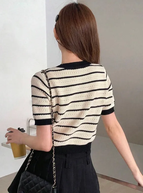 Short Sleeve Striped Colorblock Knitted Sweater