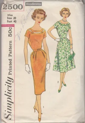 Simplicity 2500 Ladies Sheath Dress Vintage 1950's Sewing Pattern Slenderette