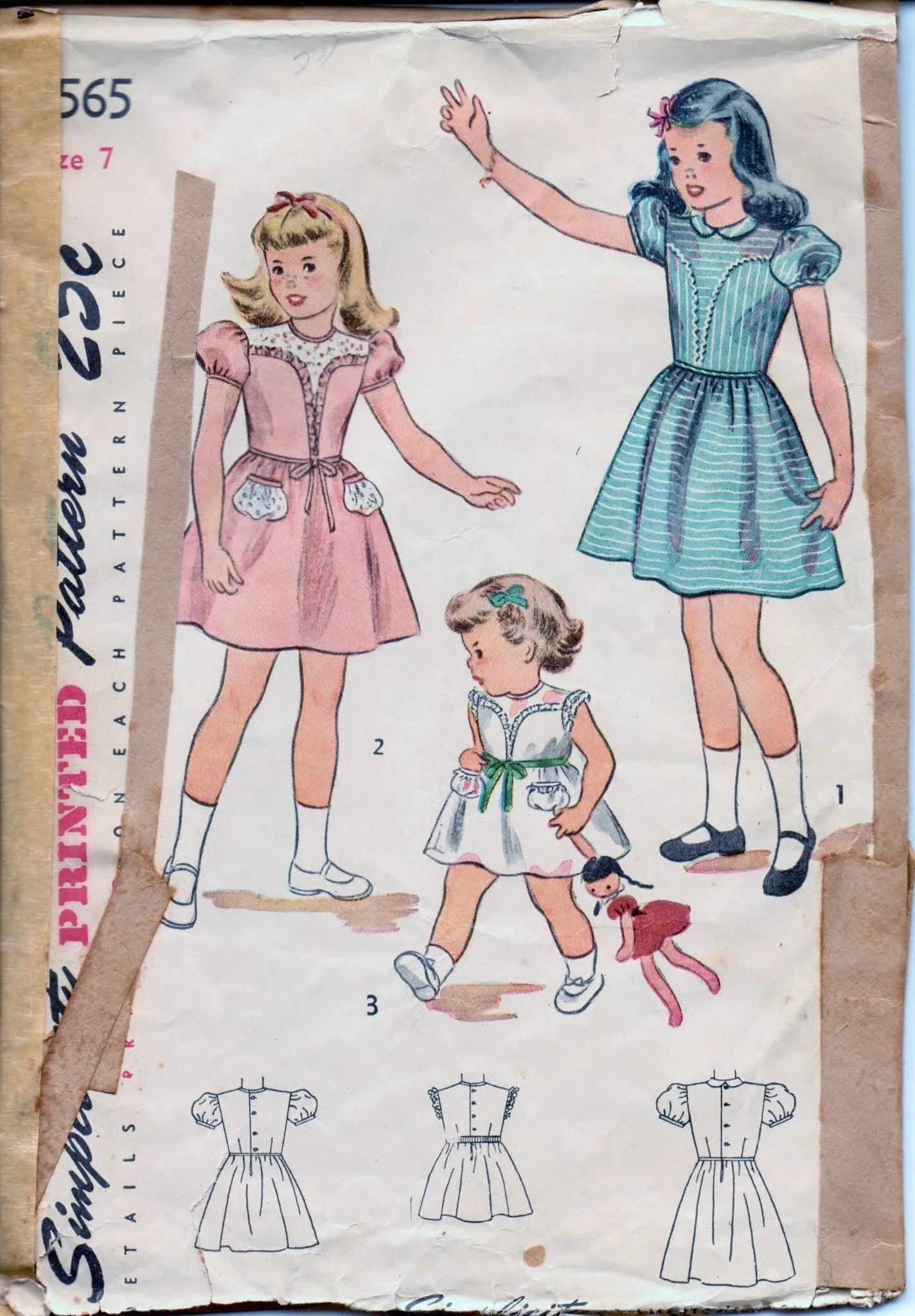 Simplicity 2565 Little Girls Back Buttoned Dress Vintage 1940's Sewing Pattern