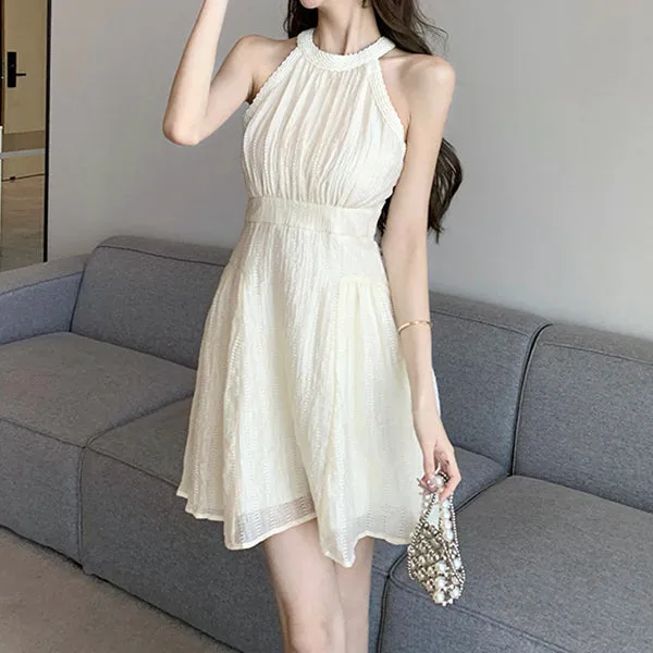 Sleeveless High Waist Halter Neck Lace Ribbon Dress