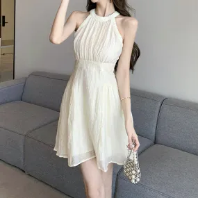Sleeveless High Waist Halter Neck Lace Ribbon Dress