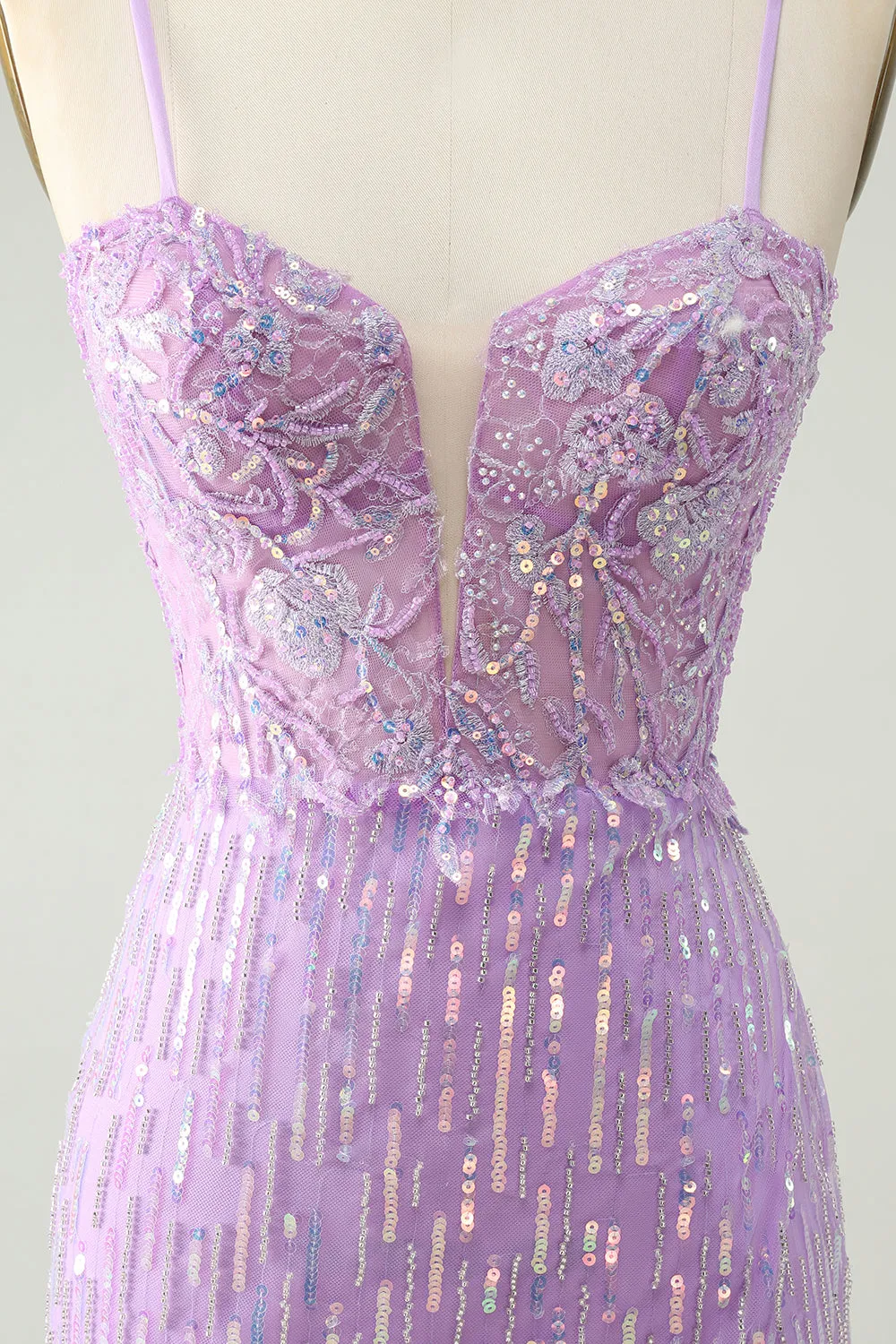 Sparkly Lilac Bodycon Spaghetti Straps Sequins Mini Homecoming Dress with Slit