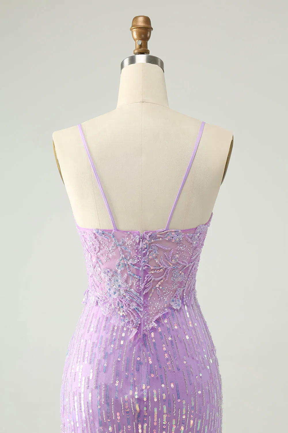 Sparkly Lilac Bodycon Spaghetti Straps Sequins Mini Homecoming Dress with Slit