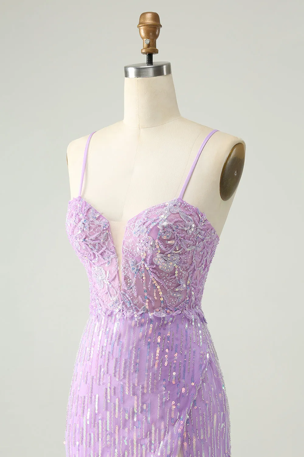 Sparkly Lilac Bodycon Spaghetti Straps Sequins Mini Homecoming Dress with Slit