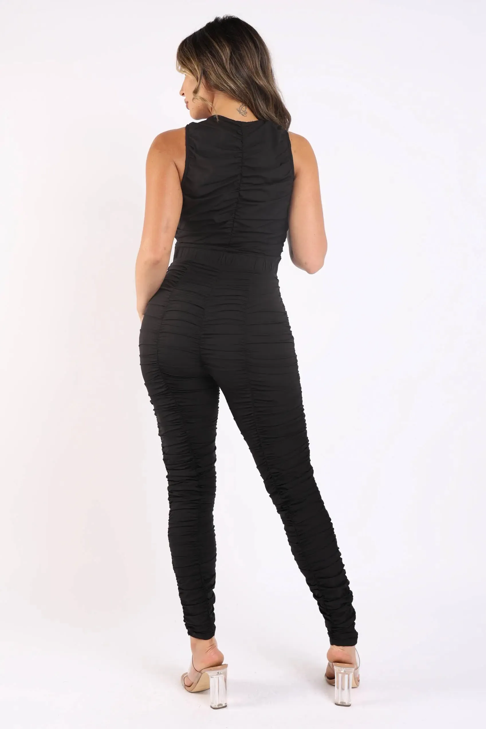 Sporty Elegant Ruffled Black Bodycon Jumpsuit with Chic Accents