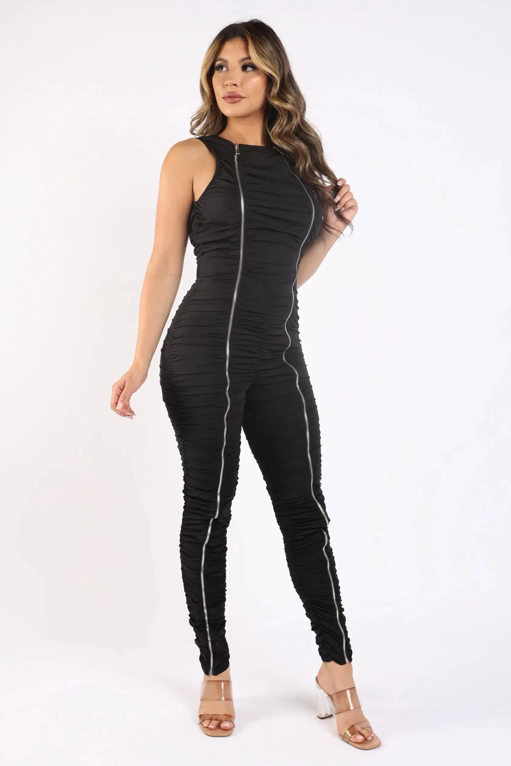 Sporty Elegant Ruffled Black Bodycon Jumpsuit with Chic Accents