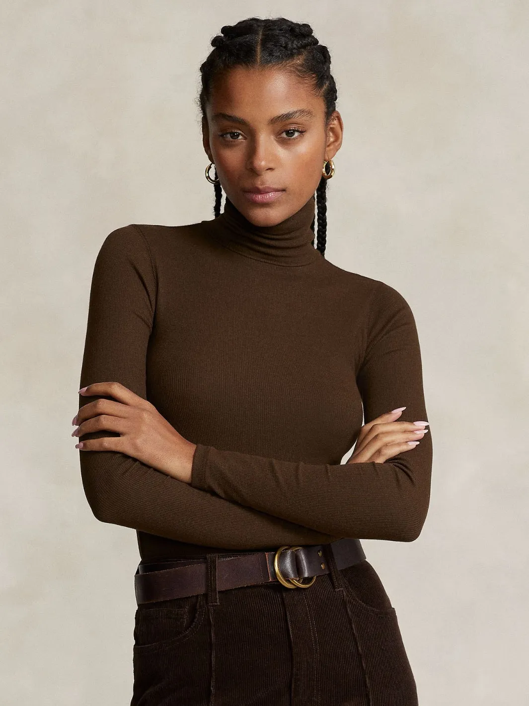 STRETCH RIBBED TURTLENECK Brun