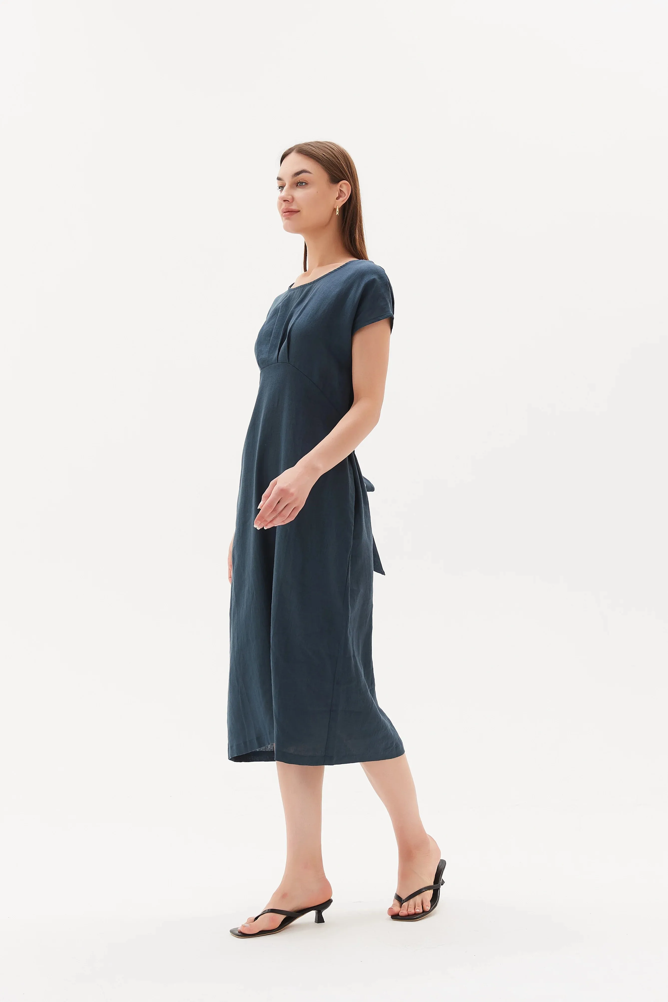 Tie Back Pleat Dress | Dark Ocean