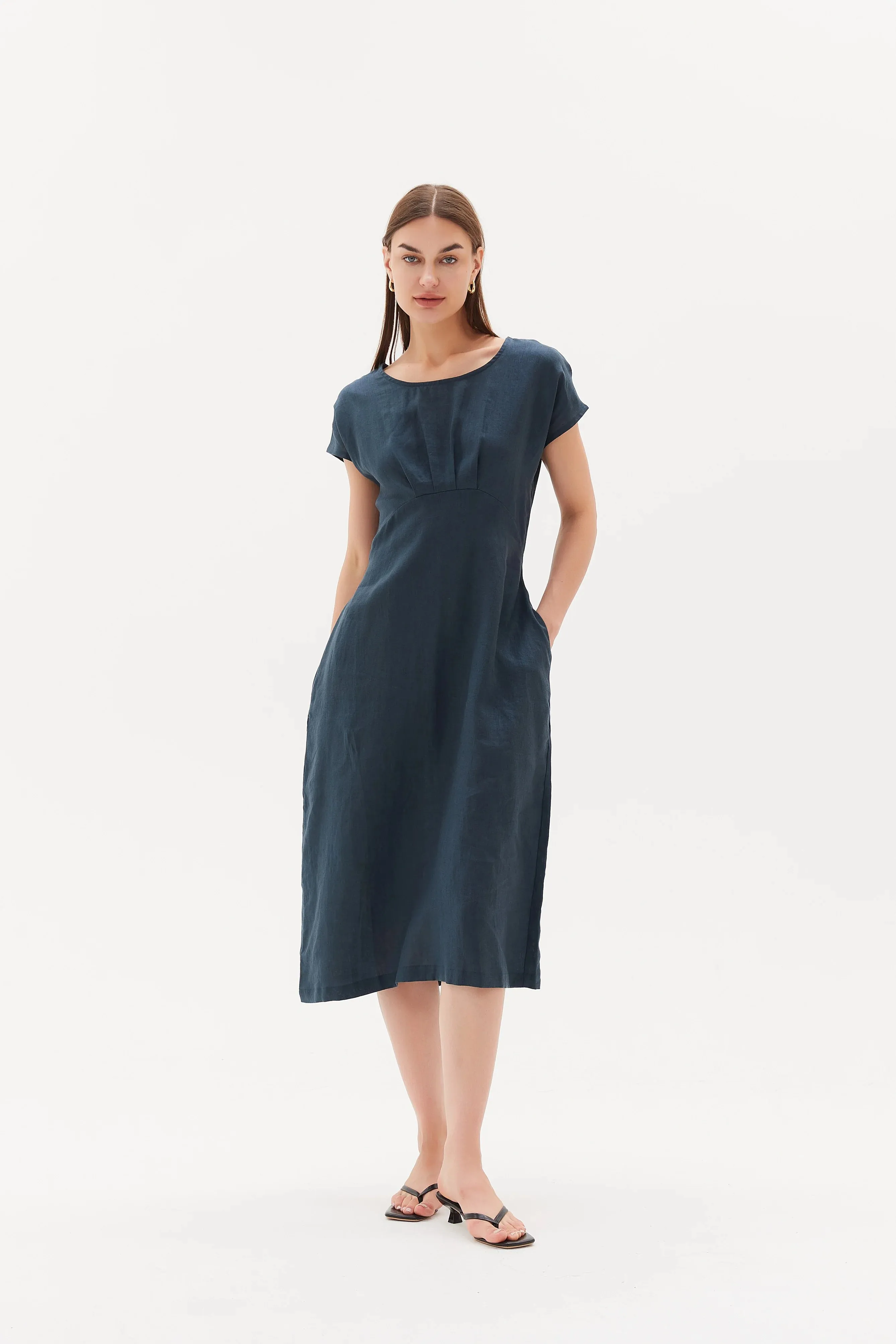 Tie Back Pleat Dress | Dark Ocean