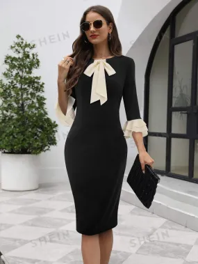 Tie Neck Flounce Sleeve Bodycon Dress