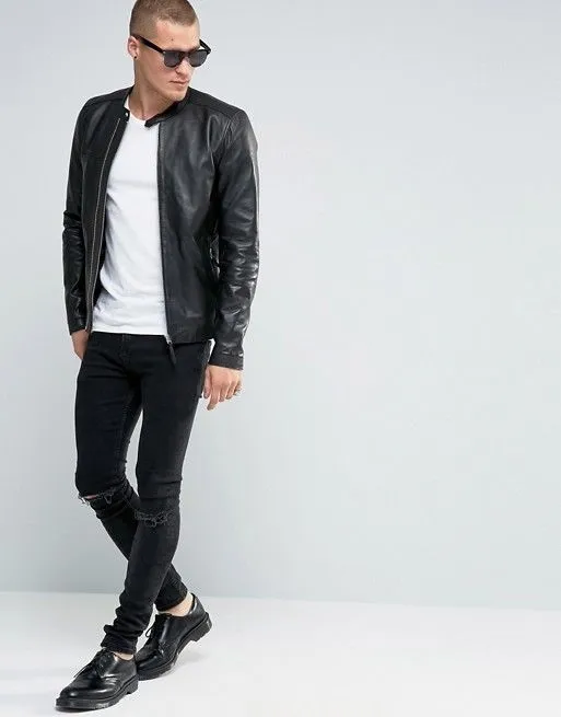 Tiff Mens Motorcycle Black Leather Jacket Men