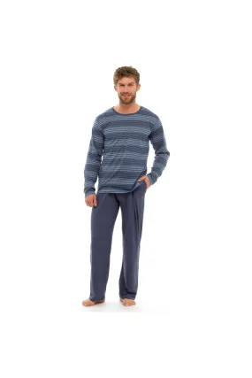 Tom Franks Mens Blue Pyjama Set Long Sleeve Striped Top