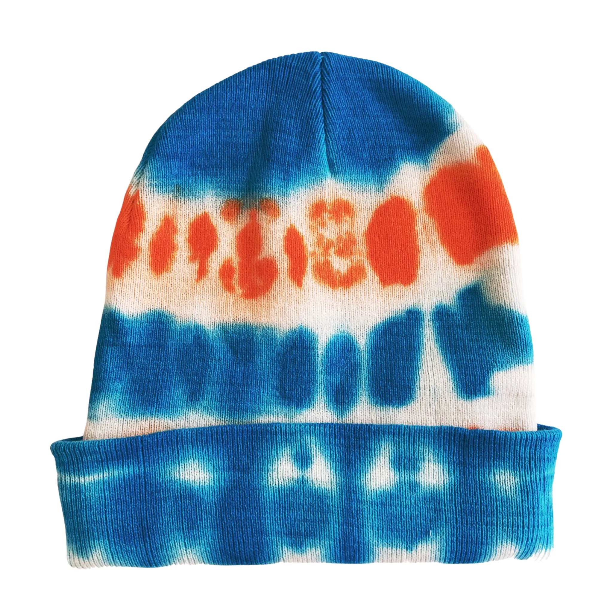 Turquoise and Orange Shibori Tie Dye Beanie Hat