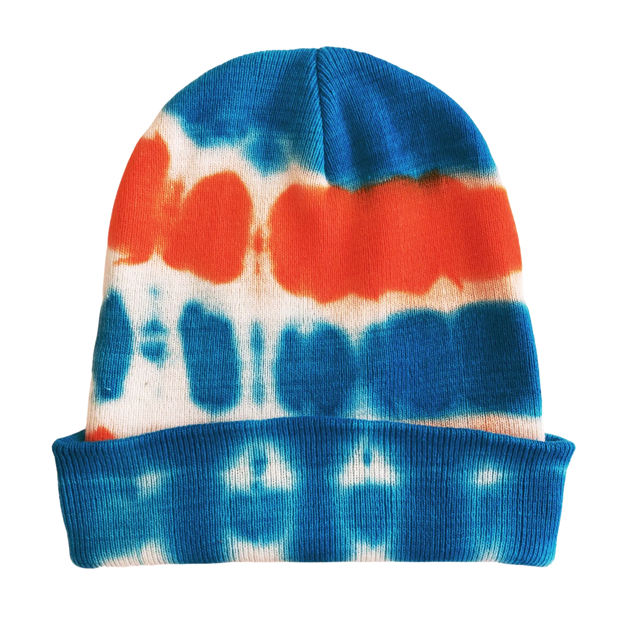 Turquoise and Orange Shibori Tie Dye Beanie Hat