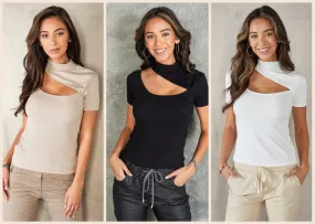 TURTLE NECK ASYMMETRICAL SHORT SLEEVE RIBBED TOP - BEIGE OR WHITE
