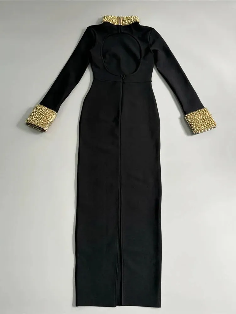 Turtleneck Gold Pearls Long Sleeve Dress