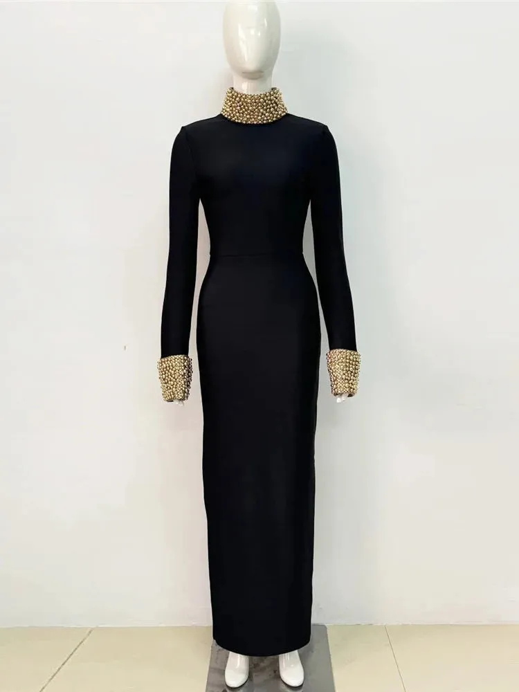 Turtleneck Gold Pearls Long Sleeve Dress