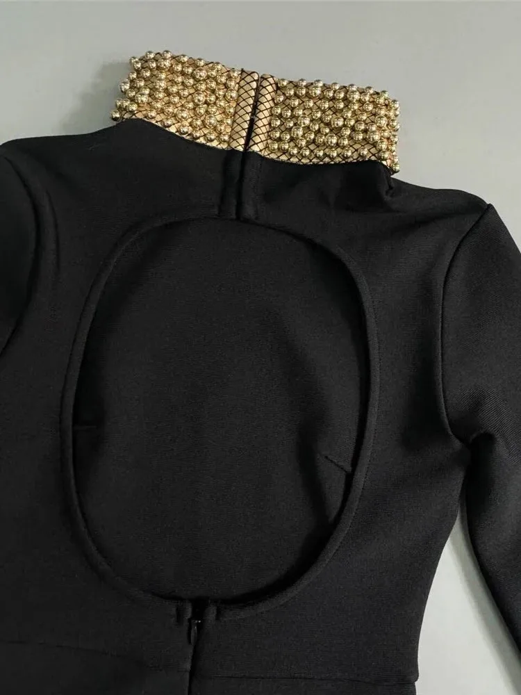 Turtleneck Gold Pearls Long Sleeve Dress