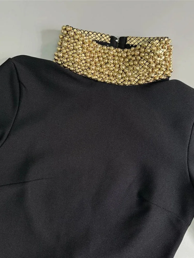 Turtleneck Gold Pearls Long Sleeve Dress