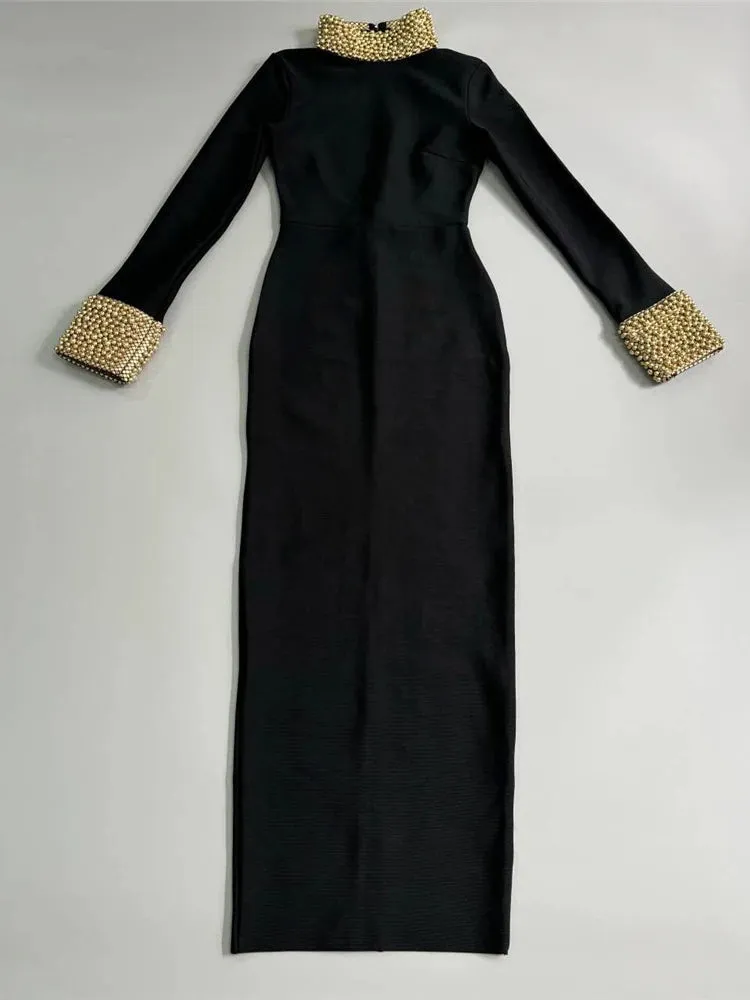 Turtleneck Gold Pearls Long Sleeve Dress