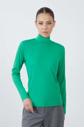 Turtleneck Long Sleeve Knitted Green Blouse with Back Zipper