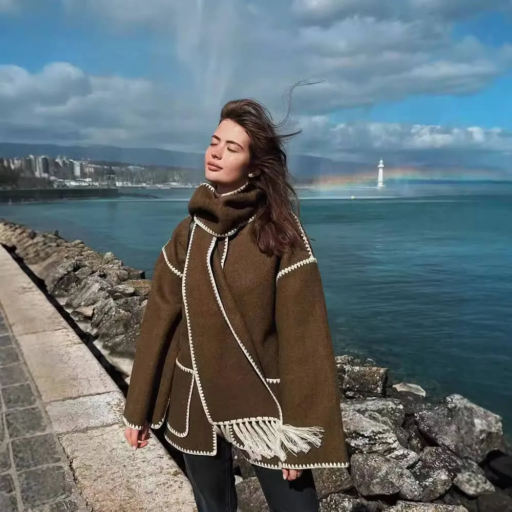 Tweed Jacket Thickened Loose With Scarf Fringe