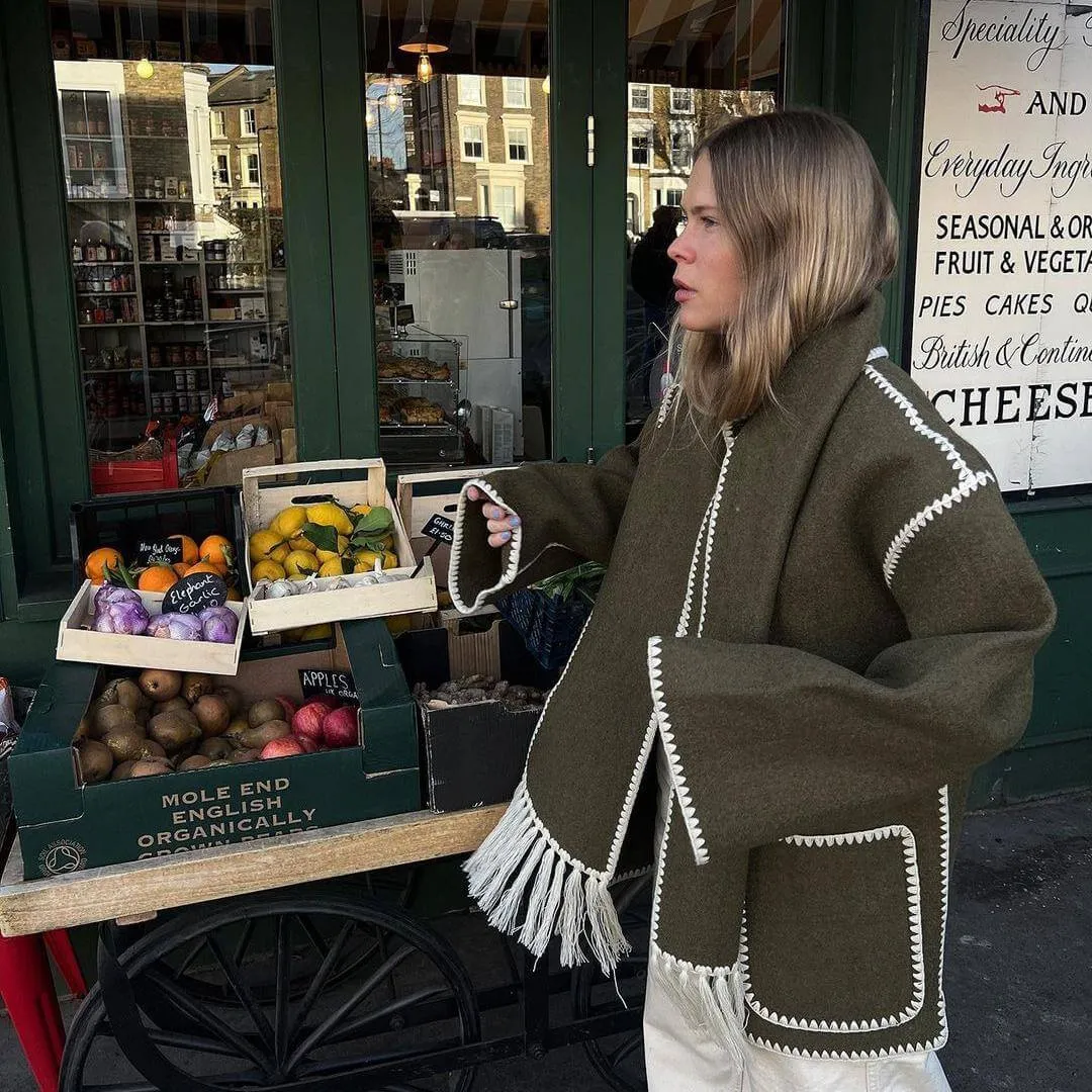 Tweed Jacket Thickened Loose With Scarf Fringe