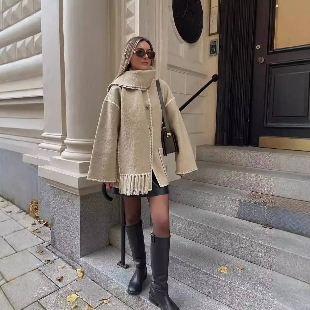 Tweed Jacket Thickened Loose With Scarf Fringe