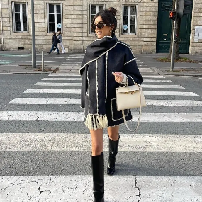 Tweed Jacket Thickened Loose With Scarf Fringe