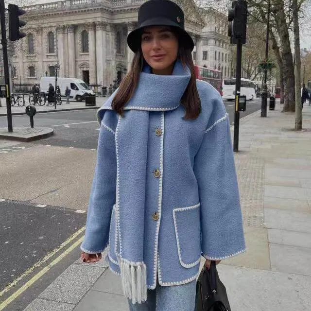 Tweed Jacket Thickened Loose With Scarf Fringe
