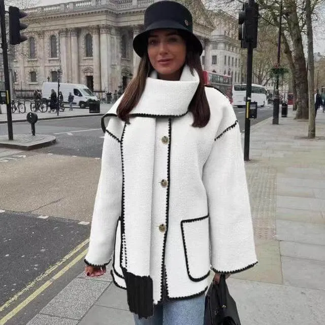 Tweed Jacket Thickened Loose With Scarf Fringe