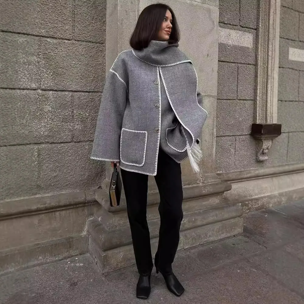 Tweed Jacket Thickened Loose With Scarf Fringe