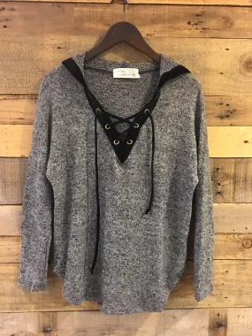 Valencia Charcoal Black Velvet Trim Lace Up Knit Hoody