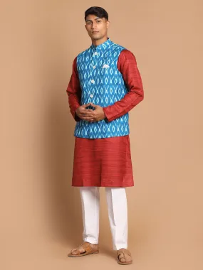 VASTRAMAY Men's Turquoise Cotton Nehru Jacket  With Maroon Kurta And Pant Set