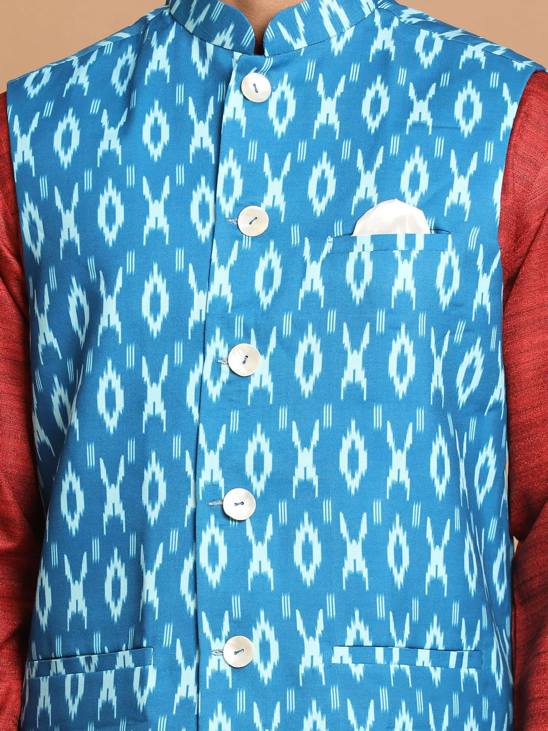 VASTRAMAY Men's Turquoise Cotton Nehru Jacket  With Maroon Kurta And Pant Set