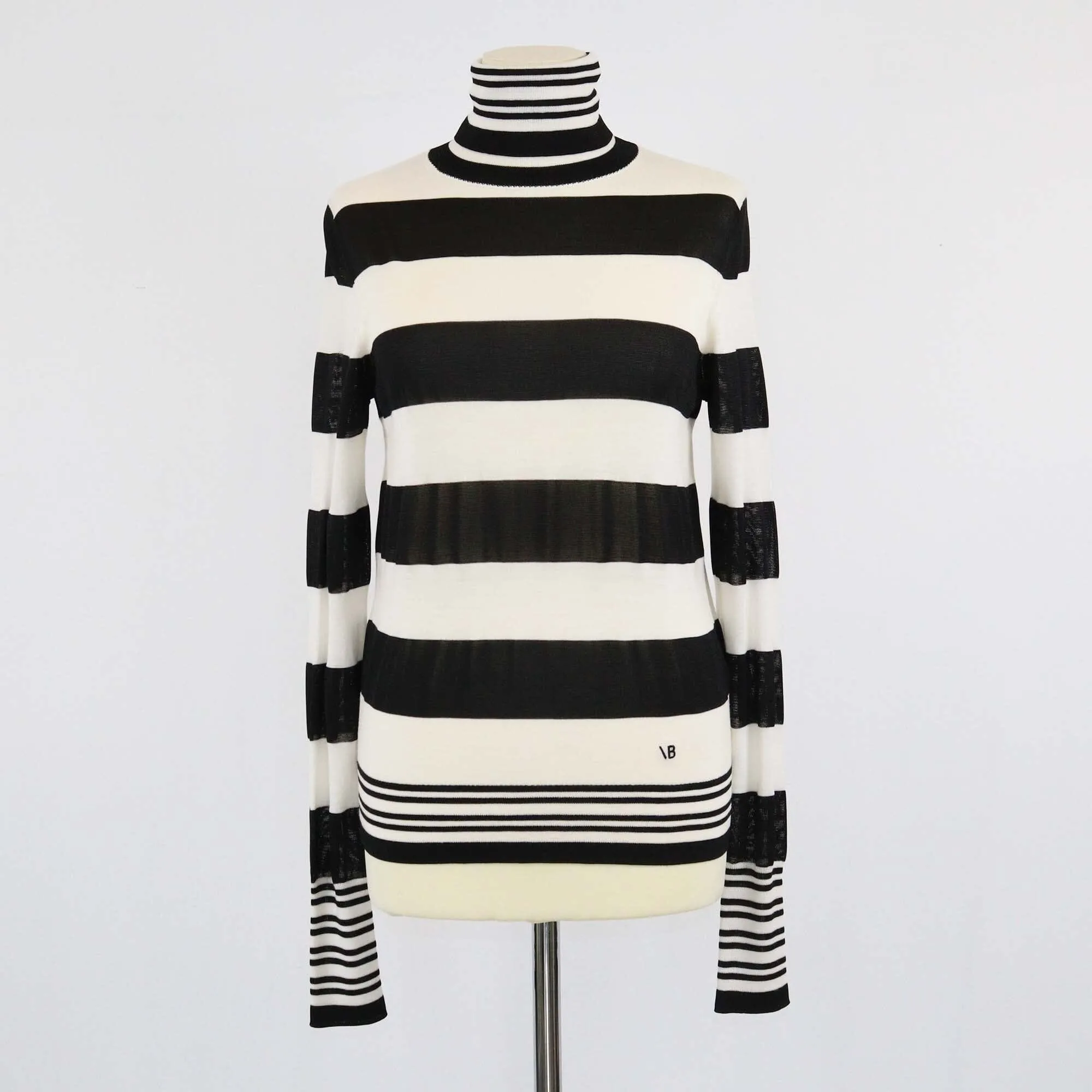 Victoria Beckham BlacklWhite Stripe Wool Knit Turtleneck Long Sleeve Sweater